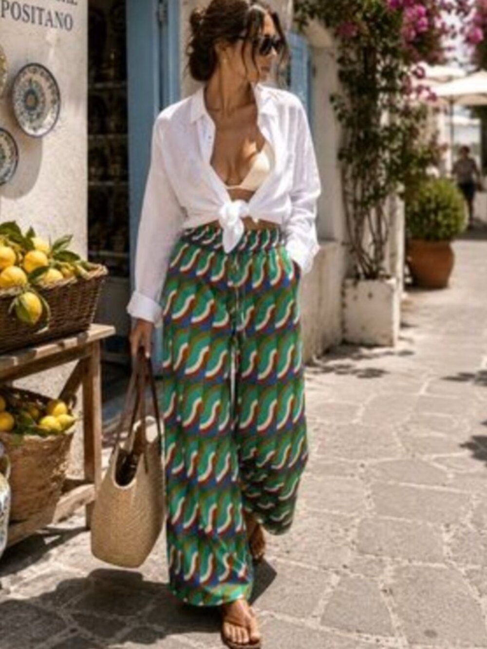 ZARA Satin Geometric Print Flowy Pull On Loose Artsy Abstract Green Pants XS